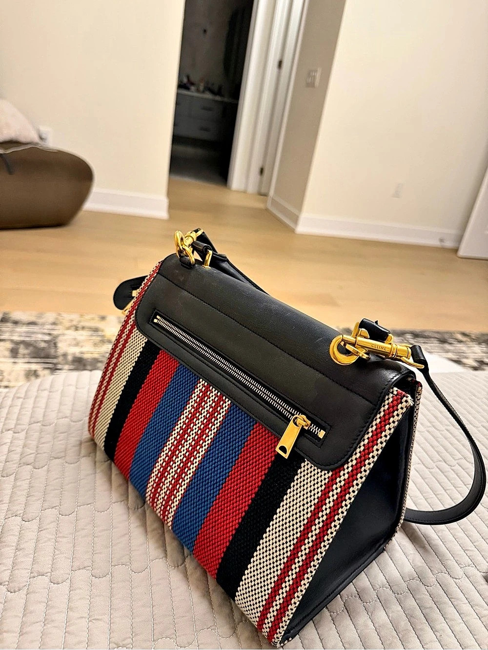 Celine All Soft Shoulder Bag Striped Black & Red